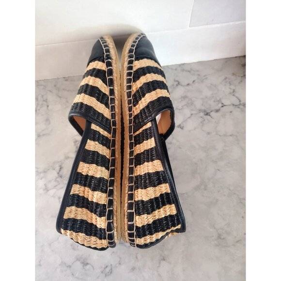 Black Natural Raffia Espadrilles Loeffler Randall Flat Woven Leather Trim Size 6 - Picture 8 of 10